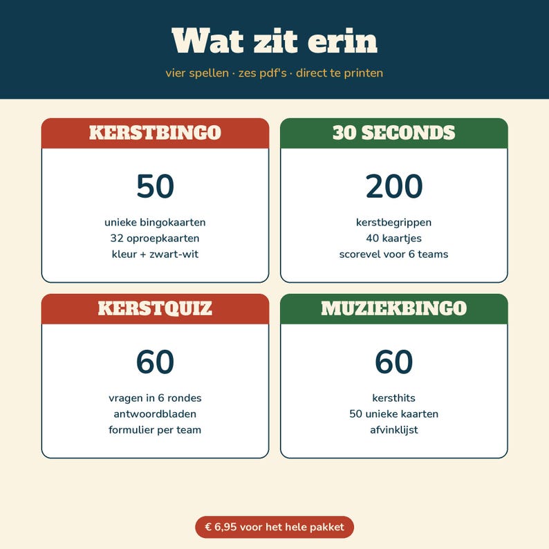 Paquete de juegos navideños en neerlandés | Bingo navideño (50 cartones), 30 segundos de Navidad, concurso navideño (60 preguntas), bingo musical navideño | Juego imprimible para la cena de Navidad imagen 6