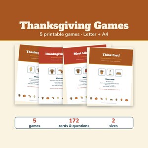 Thanksgiving Games Bundle, 5 Printable Games, Thanksgiving Feud, Trivia, Most Likely To, Friendsgiving Party Games for Family and Adults image 1