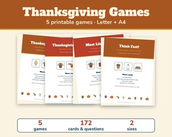 Thanksgiving Games Bundle, 5 Printable Games, Thanksgiving Feud, Trivia, Most Likely To, Friendsgiving Party Games for Family and Adults