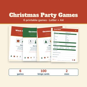Christmas Party Games Bundle, 6 Printable Games, Christmas Trivia, Christmas Feud, 100 Bingo Cards, Secret Santa, Office Party Games image 1