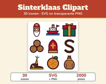 Könnte beinhalten: Eine digitale Sammlung von Sinterklaas-Cliparts mit 30 Symbolen in den Formaten SVG und transparentes PNG. Die Grafik zeigt neun farbenfrohe Symbole, darunter eine Figur, ein Boot, ein Geschenk, Kekse, eine Mitra, den Buchstaben S, einen Schuh, eine Orange und einen Sack.