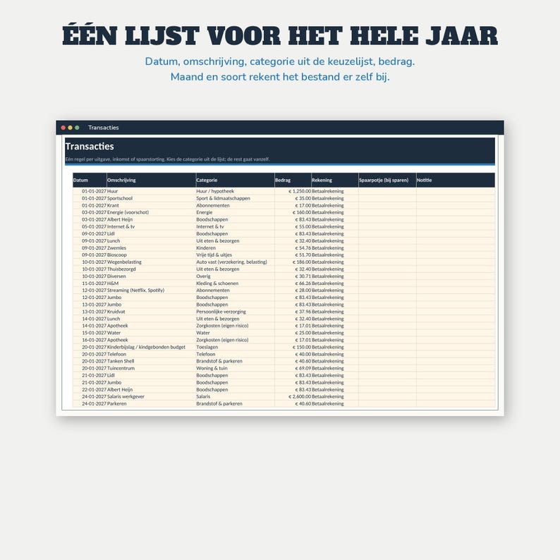 Haushaltsbuch 2027 (Excel) | Budgetplaner (Google Sheets, Niederländisch) | Fixe Ausgaben, Sparschweine, Schulden, Jahreskalender | Budgetplaner 2027 Bild 7