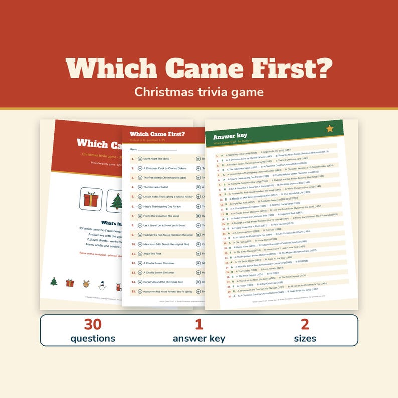 Christmas Which Came First Game, Printable Christmas Trivia, Holiday Trivia for Adults Teens Seniors, Office Christmas Party Game image 1