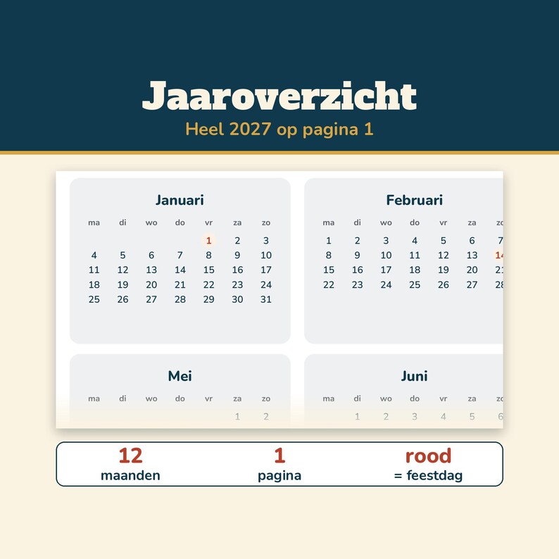 Calendar 2027 Netherlands | Week Numbers, Public Holidays and School Holidays | Fillable PDF A4 and A3 | Annual Calendar Monthly Calendar 2027 image 6