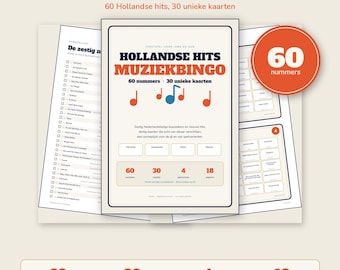 Holenderskie hity muzyczne bingo 30 kart | 60 holenderskich piosenek | Gra towarzyska do druku w języku holenderskim | Pobierz cyfrowo w formacie PDF