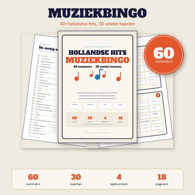 Hitster Cards Dutch | Music Bingo 30 Cards | 60 Dutch Hits | Printable Party Game PDF image 1