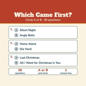 Christmas Which Came First Game, Printable Christmas Trivia, Holiday Trivia for Adults Teens Seniors, Office Christmas Party Game image 2