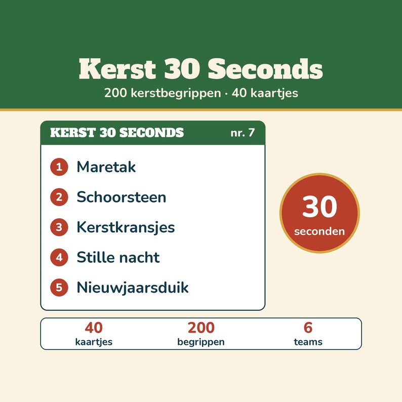 Christmas 30 Seconds 200 Concepts | Christmas Game Dutch Printable | Guessing Game for Christmas Dinner, Christmas Drinks, Family, and New Year's Eve image 1