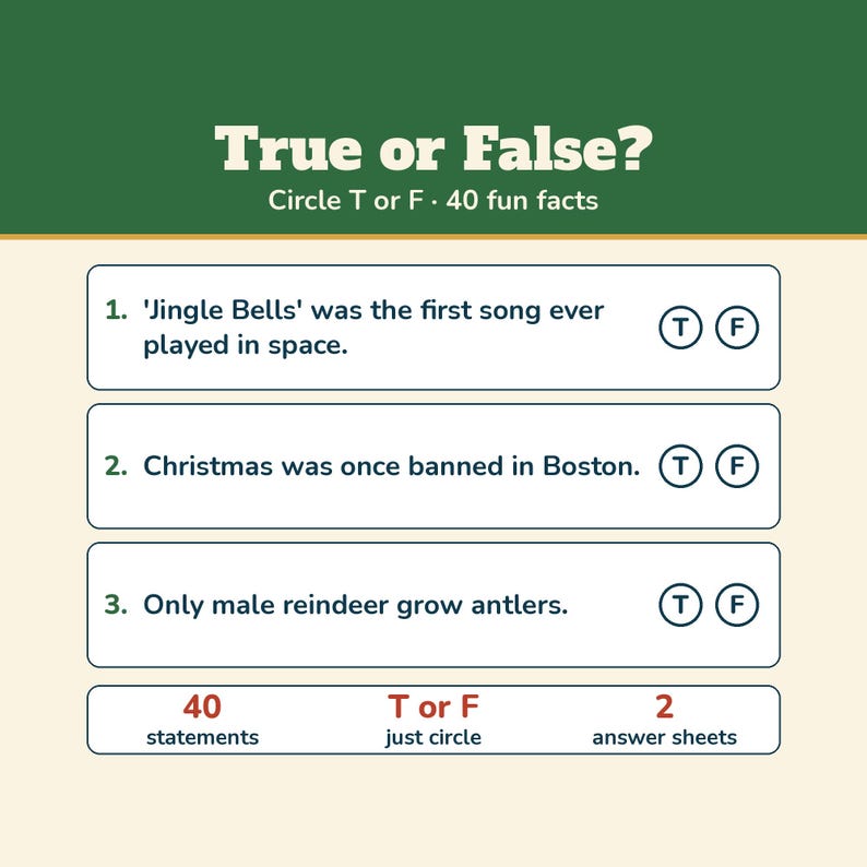 Christmas True or False Game, Printable Christmas Trivia with Fun Facts, Holiday Trivia for Kids Adults Seniors, Class or Office Party Bild 3
