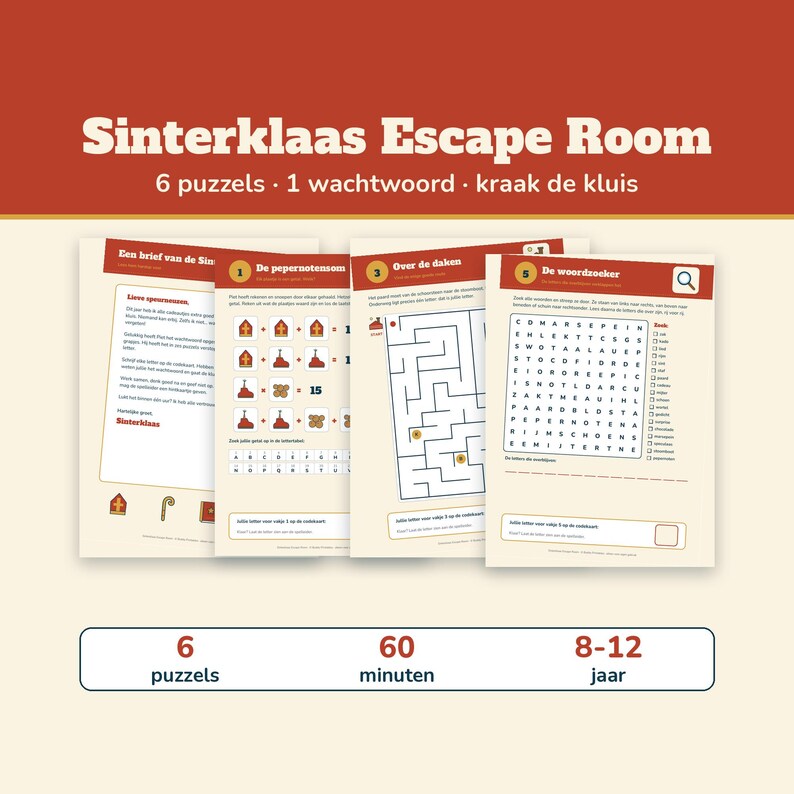 Sinterklaas Escape Room Kinderen 8-12 | Pakjesavond Spel Printable | 6 Puzzels, Hints & Antwoorden | PDF Nederlands image 1