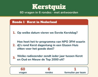 Christmas Quiz 60 Questions with Answers | Dutch Christmas Pub Quiz | Printable Quiz for Christmas Dinner, Christmas Drinks, and New Year's Eve