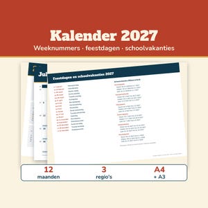 Calendar 2027 Netherlands | Week Numbers, Public Holidays and School Holidays | Fillable PDF A4 and A3 | Annual Calendar Monthly Calendar 2027 image 1