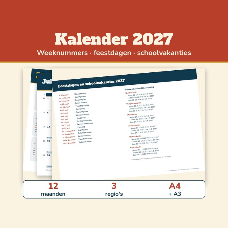 Calendar 2027 Netherlands | Week Numbers, Public Holidays and School Holidays | Fillable PDF A4 and A3 | Annual Calendar Monthly Calendar 2027 image 1