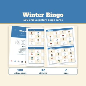 Winter Bingo 100 Cards, Printable Winter Picture Bingo Game for Kids and Adults, Classroom Winter Party, Snow Day Activity image 1