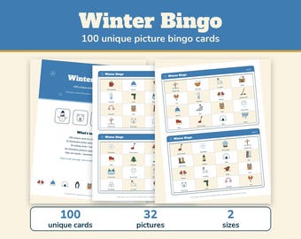 Winter Bingo 100 Cards, Printable Winter Picture Bingo Game for Kids and Adults, Classroom Winter Party, Snow Day Activity