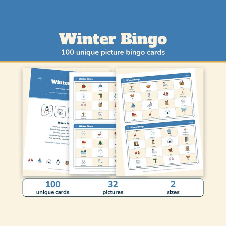 Winter Bingo 100 Cards, Printable Winter Picture Bingo Game for Kids and Adults, Classroom Winter Party, Snow Day Activity image 1