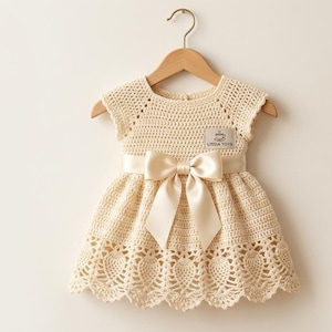 May include: A cream-colored crochet dress with a satin bow and a scalloped hemline, hanging on a wooden hanger. The dress features a delicate openwork design and a small label. A charming and elegant garment.