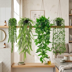 May include: Four artificial hanging plants in black pots suspended by thin ropes. The set includes a string of pearls, a Boston fern, a pothos with broad green leaves, and a trailing succulent with small round leaves, all featuring vibrant green foliage.