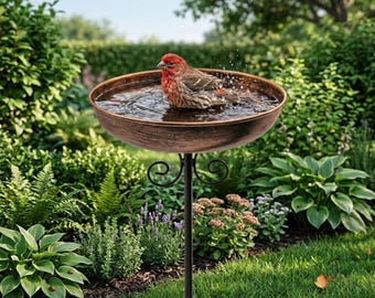 Vintage Metal Bird Bath with Stake | 10" Outdoor Garden Bird Bowl | Rust-Resistant Lawn Decor | Wild Bird Feeder