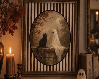 May include: A rectangular framed wall art piece featuring a vertical brown and white striped background with a central oval illustration of a white sheet ghost and a black cat sitting on a stone wall amidst autumn trees under a full moon.