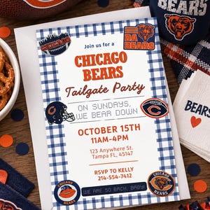 May include: A rectangular Chicago Bears tailgate party invitation card with a blue and white gingham border. The text reads: Join us for a Chicago Bears Tailgate Party, On Sundays, We Bear Down, October 15th, 11AM-4PM, 123 Anywhere St. Tampa FL, 45147, RSVP to Kelly 214-554-7412, We are so bach, baby!