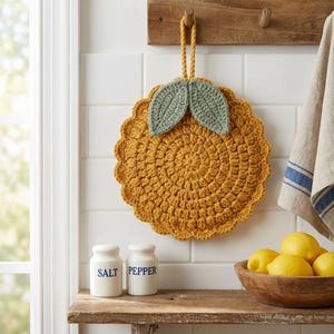 Puede incluir: Un agarrador de cocina redondo tejido a ganchillo en color amarillo mostaza con borde festoneado y dos hojas tejidas en verde salvia en la parte superior. Incluye un lazo trenzado para colgar y un patrón de puntos circular texturizado.