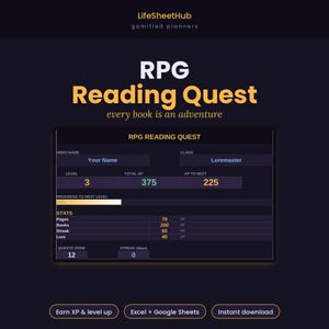 Op de afbeelding: Een digitale RPG Reading Quest planner interface met een donker thema. De lay-out toont velden voor Hero Name, Class, Level, Total XP en XP to Next. Het bevat een voortgangsbalk en statistieken voor pagina's, boeken, streaks en lore-gegevens.