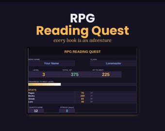 Hoja de cálculo para el seguimiento de la lectura en personas con TDAH / Registro de lectura de juegos de rol gamificados, XP, niveles, estantería / Motivación lectora basada en la dopamina / Excel, Google Sheets