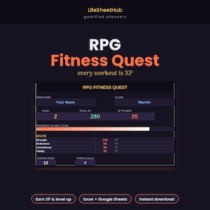 May include: A digital RPG fitness quest planner by LifeSheetHub featuring a dark interface with orange and white text. The dashboard displays hero stats, level, total XP, and progress bars for strength, endurance, consistency, and vitality metrics.
