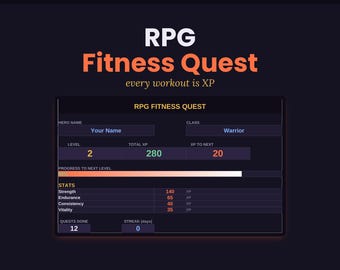 Foglio di calcolo per il monitoraggio dell'allenamento in caso di ADHD / Missione fitness gamificata in stile RPG, XP, livelli / Motivazione in palestra basata sulla dopamina / Excel, Fogli Google