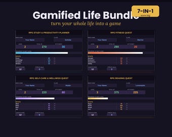 Paquete de planificadores gamificados para TDAH / 7 rastreadores de hábitos RPG para dopamina, XP y niveles / Hábitos, dinero, ejercicio físico, estudio / Excel, Google Sheets