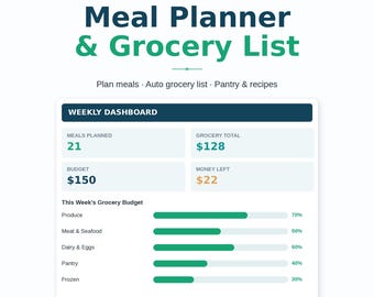 Planificador de comidas en hoja de cálculo / Planificador de menú semanal y lista de la compra automática / Excel, Google Sheets