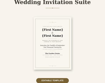 Plantilla clásica de invitación de boda, paquete editable / Invitación imprimible con caligrafía formal / Canva, Templett / Confirmación de asistencia, detalles / Descargar