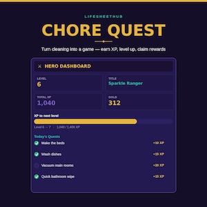 May include: A digital interface titled CHORE QUEST by LIFESHEETHUB. The HERO DASHBOARD displays Level 6, title Sparkle Ranger, 1,040 total XP, and 312 gold. A progress bar shows 1,040/1,400 XP. Today's Quests list tasks with XP values and checkmarks.