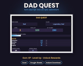 Agenda gamificata per papà / Diario di avventure RPG per papà con XP, livelli e missioni / Regalo per la festa del papà / Excel, Fogli Google