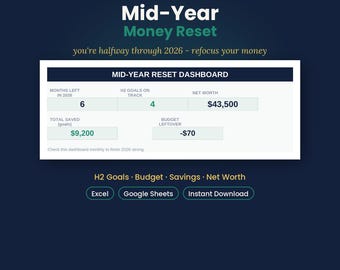 Hoja de cálculo para el reinicio financiero de mitad de año / Objetivos del segundo semestre, actualización del presupuesto, seguimiento de ahorros y patrimonio neto / Excel, Google Sheets