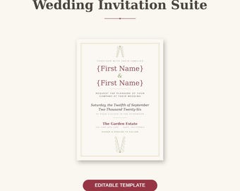 Plantilla de invitación de boda con motivos vegetales, paquete imprimible editable / Eucalipto rosa empolvado / Canva, Templett / RSVP, Detalles / Descarga instantánea