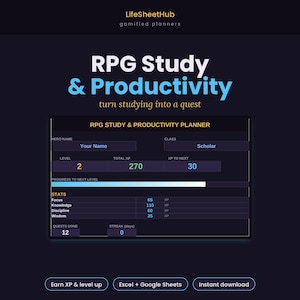 May include: A digital RPG study and productivity planner by LifeSheetHub featuring a dark interface with fields for hero name, class, level, total XP, and XP to next level. It includes a progress bar and stats for focus, knowledge, discipline, and wisdom.