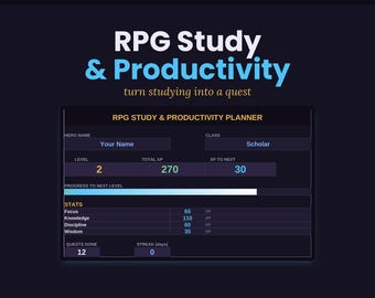 Planificador de estudio para TDAH / Rastreador de productividad de RPG gamificado, XP, niveles, misiones de enfoque / Motivación de estudio basada en dopamina / Excel, Google Sheets