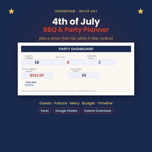 May include: A digital 4th of July BBQ & Party Planner dashboard template featuring a dark blue background with gold stars. The interface displays guest counts, a total budget of $313.00, and a party date of 7/4/2026 for Excel and Google Sheets.