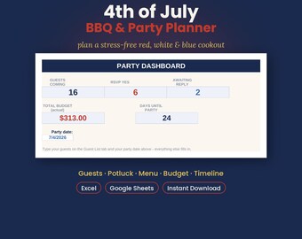 Planificador de barbacoa para el 4 de julio: lista de invitados, comida compartida, menú, presupuesto, cronograma del día del evento (Excel, Google Sheets)