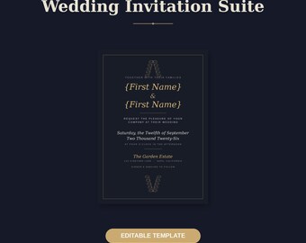 Plantilla de invitación de boda con estampado floral oscuro y elegante, paquete editable / Invitación imprimible en azul marino y dorado / Canva, Templett / Confirmación de asistencia, detalles / Descargar