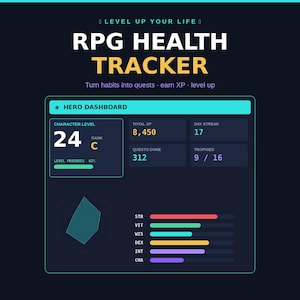Puede incluir: Una interfaz digital de seguimiento de salud RPG con fondo oscuro y acentos en turquesa, amarillo y morado. El panel muestra texto como RPG HEALTH TRACKER, HERO DASHBOARD, nivel 24, rango C, 8,450 XP, 17 días de racha, 312 misiones, 9/16 trofeos y un gráfico de radar con seis barras de atributos.