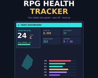 Hoja de cálculo para el seguimiento de hábitos del TDAH / Misiones diarias gamificadas tipo RPG, subida de nivel de XP, motivación por dopamina / Hábitos saludables / Excel, Google Sheets