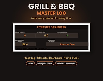 Libro de registro maestro para parrilla y barbacoa / Registro de cocción para ahumador, seguimiento de recetas, guía de temperaturas / Regalo para el Día del Padre / Excel, Google Sheets