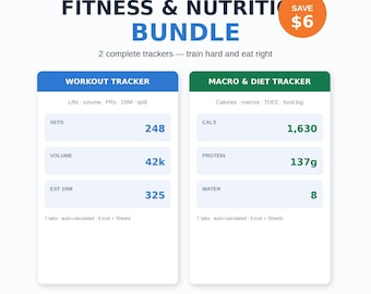 Paquete de Fitness y Nutrición / Rastreador de Entrenamientos + Rastreador de Macrocalorías / Registro de Gimnasio, PR, 1RM, Calculadora de TDEE / Excel, Google Sheets