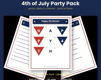 Juegos imprimibles para la fiesta del 4 de julio / Trivia, búsqueda del tesoro, etiquetas para comida, pancarta / Rojo, blanco y azul / Descarga instantánea en PDF