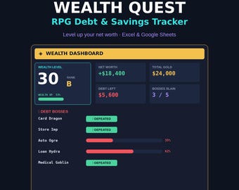 Foglio di calcolo per il monitoraggio del denaro in caso di ADHD / Gioco di ruolo gamificato per il rimborso dei debiti, i risparmi, i punti esperienza e i livelli / Motivazione finanziaria basata sulla dopamina / Excel, Fogli Google