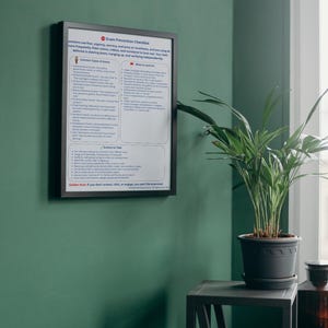 May include: A framed Scam Prevention Checklist poster with white background and black text. The document includes sections titled Common Types of Scams, What to Look For, and Actions to Take, with a red stop sign icon and a golden rule at the bottom.