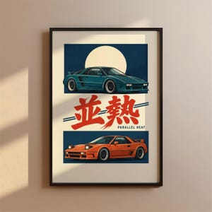 Peut inclure: Une affiche encadrée représentant une voiture de sport bleu sarcelle au-dessus et une voiture de sport orange en dessous, sur fond bleu foncé avec un grand cercle blanc. Des kanjis rouges sont centrés avec le texte Parallel Heat en dessous.